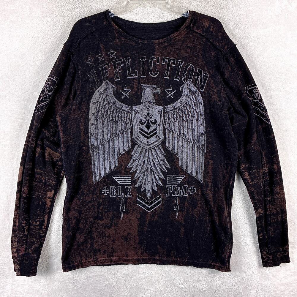 VTG Affliction Shirt Mens XL Black Reversible Thermal Eagle Distressed Y2K USA